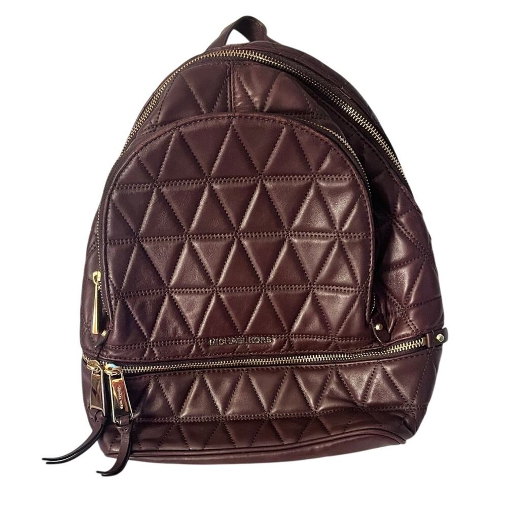 Michael Kors Rhea Quilted Leather Backpack Bag Purse Barolo Gold Zip - Excellent